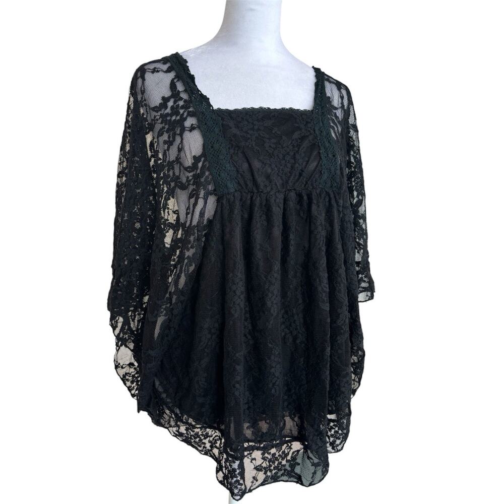 NWT New York Laundry Black Lace Babydoll Tunic Blouse Flowy Split Sleeve S/M